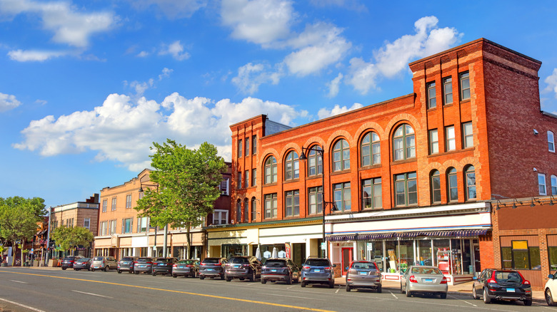 Red brick building lining the street in Manchester, Hartford County, Connecticut