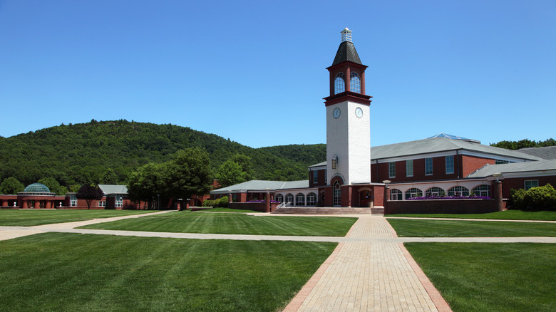 A view of Quinnipiac University's campus, showing a clock tower and paved paths