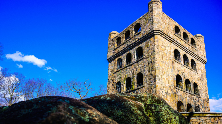 A view of Sleeping Giant Observation Tower over scenic landscape