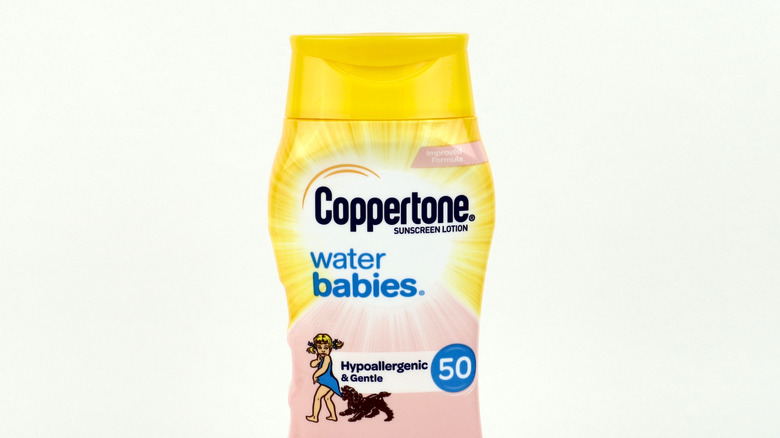 The top of a bottle of Coppertone Water Babies Lotion SPF 50 which tests well for SPF accuracy.