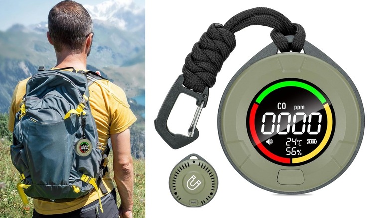 A hiker in the mountains wears a backpack with a portable carbon monoxide detector on a carabiner.