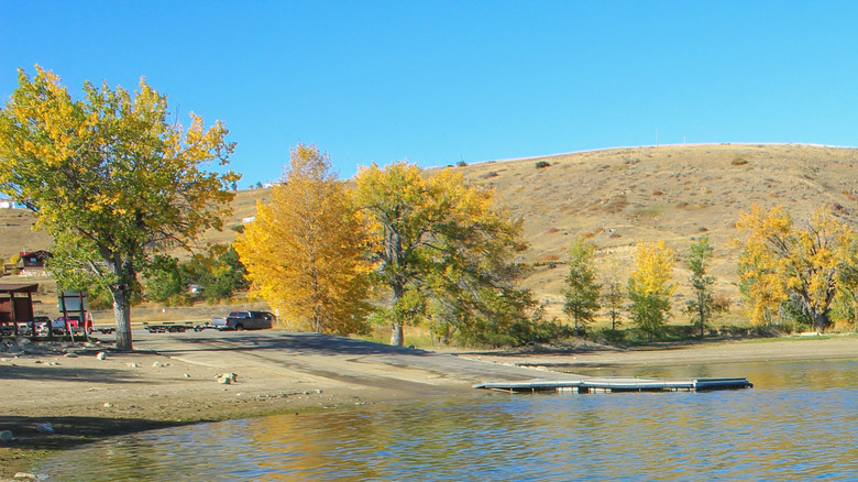 Boat ramp at Cooney State Park and leaves with fall colors
