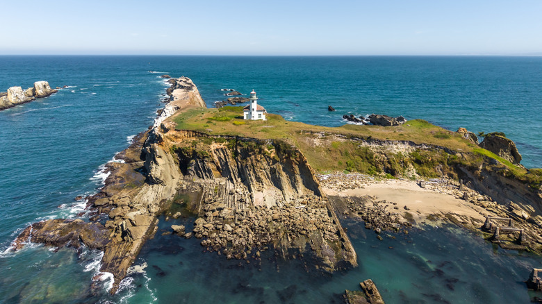 A lighthouse stands on the cliffs between the Pacific Ocean at the Cape Arago State Park