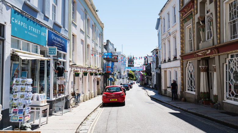Charming streets of Penzance lined with storefronts in England