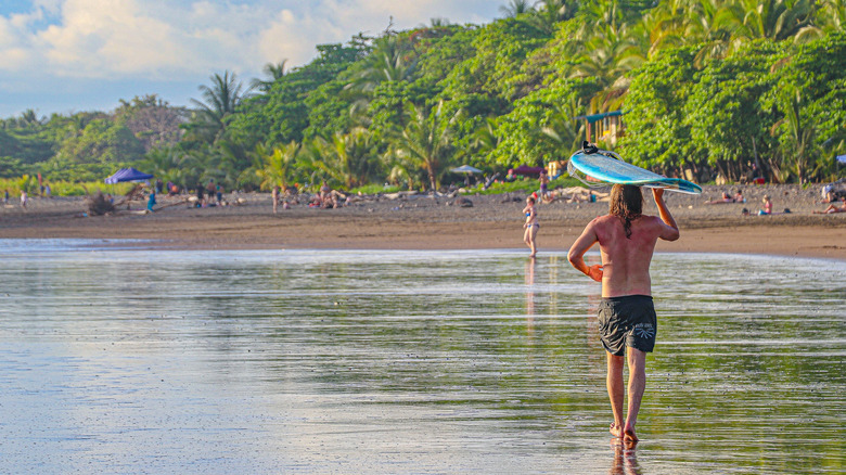 Surfer strolls along the beach in Santa Teresa
