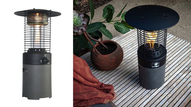 An outdoor patio heater with a gray base and black metal screen.