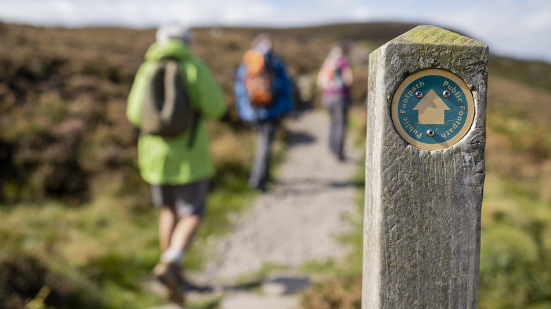 Hikers following a trail marker
