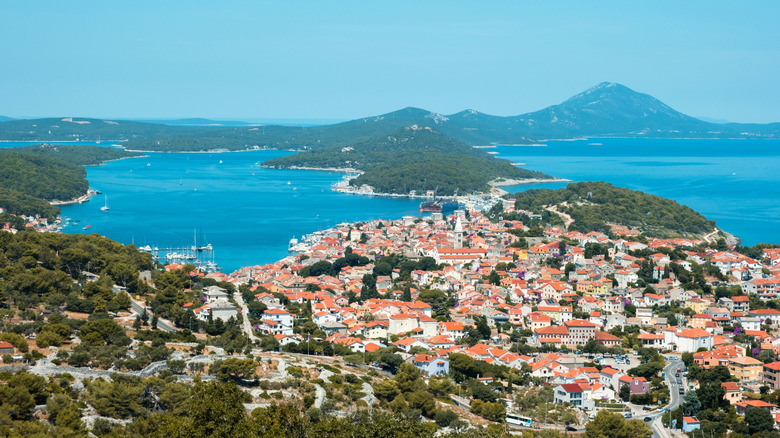 Buildings in the town of Lošinj, Croatia, surrounded by water and islands