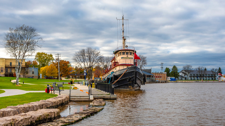 A boat docked at the Kewaunee, Wisconsin harbor
