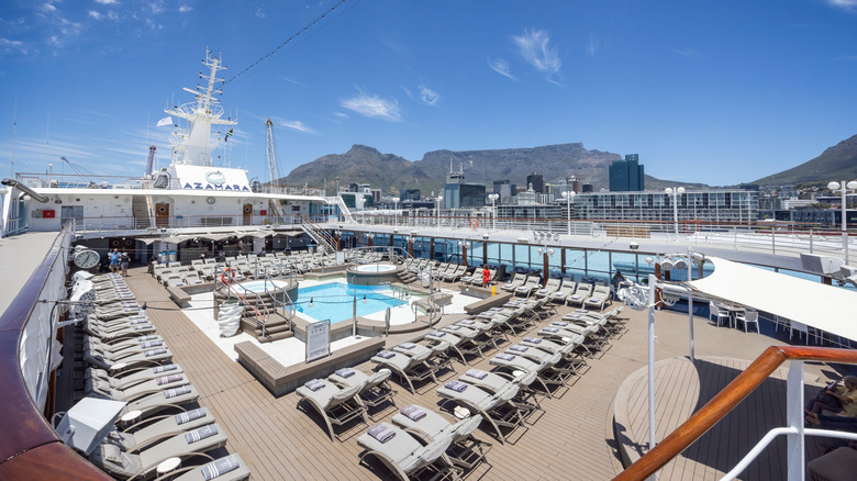 View of the Azamara Quest's pool deck without guests while it is in port