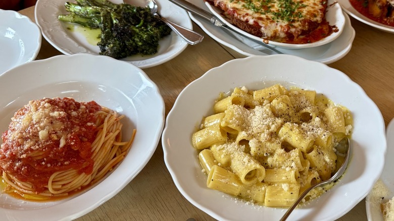 Dishes of spaghetti and pasta carbonara from Rizzo's House of Parm
