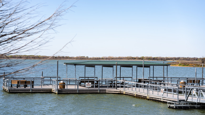 A fishing pier at Stewart Creek Park located on Lewisville Lake in The Colony, Texas