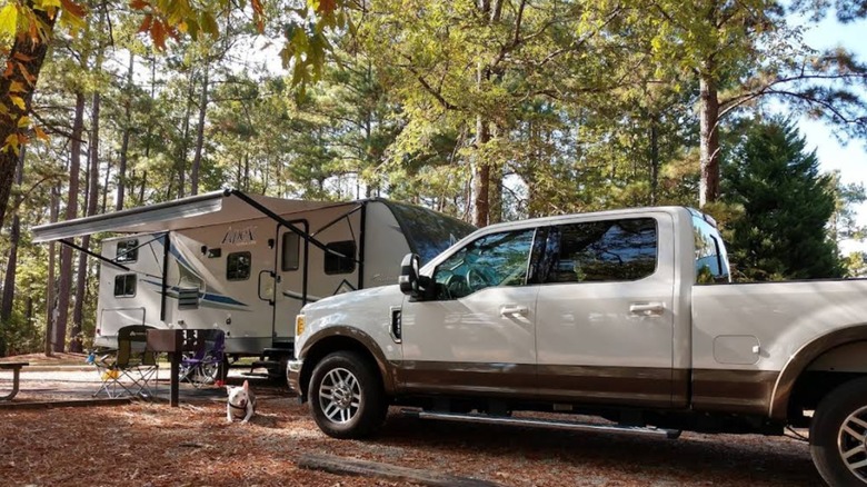 A truck and RV at Dames Ferry Campground