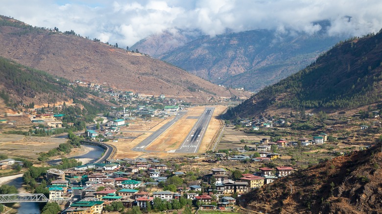 A view of Paro Airport between the mountains in Bhutan