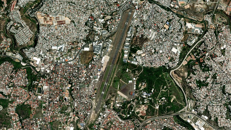 An aerial view of the Toncontin Airport runway