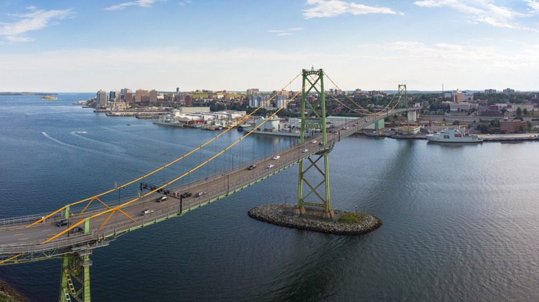 An aerial view of the Angus L. Macdonald bridge going from Halifax to Dartmouth