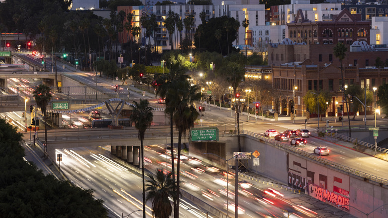 long exposure shot of night-time traffic in downtown Los Angeles