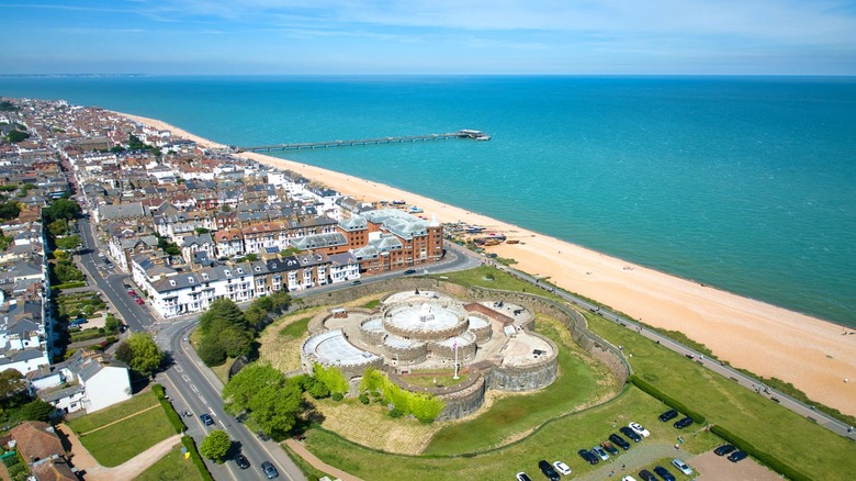 Aerial view of the Deal Castle with Deal Pier in the background, Kent, England