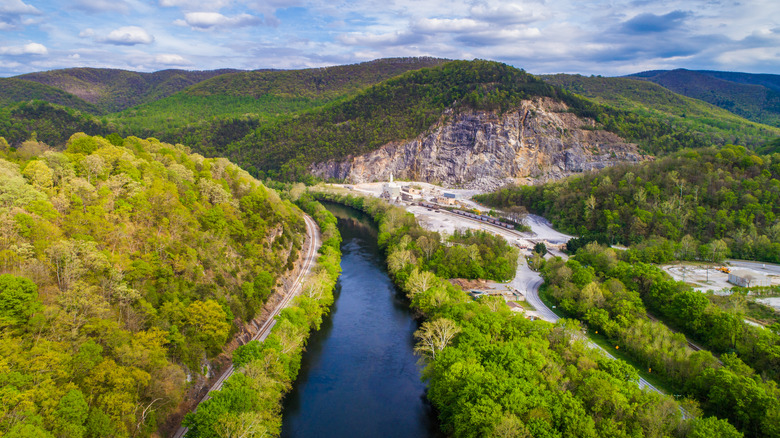 Aerial view of the James River and surrounding mountains in Buchanan, Virginia
