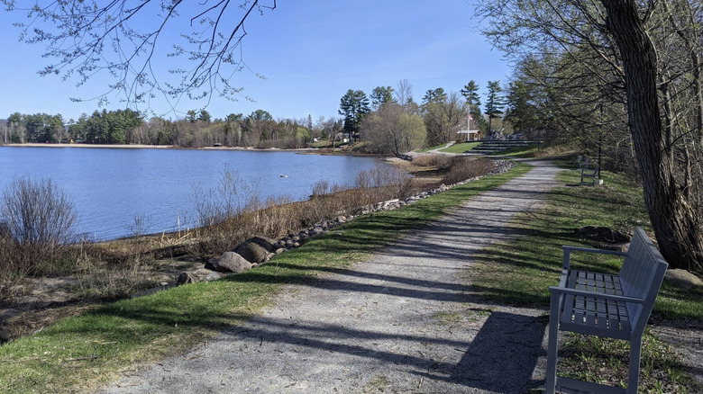 A trail separates a bench and the riverside in a park on a clear day in Deep River, Ontario