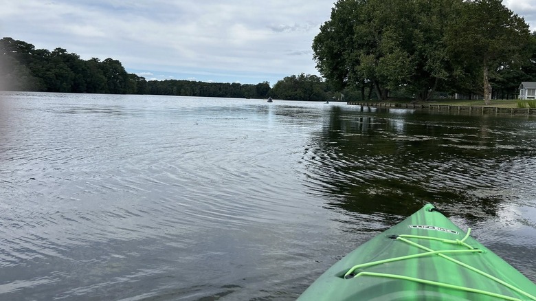 A kayaker paddling across the calm water on Millsboro Pond in Millsboro, Delaware