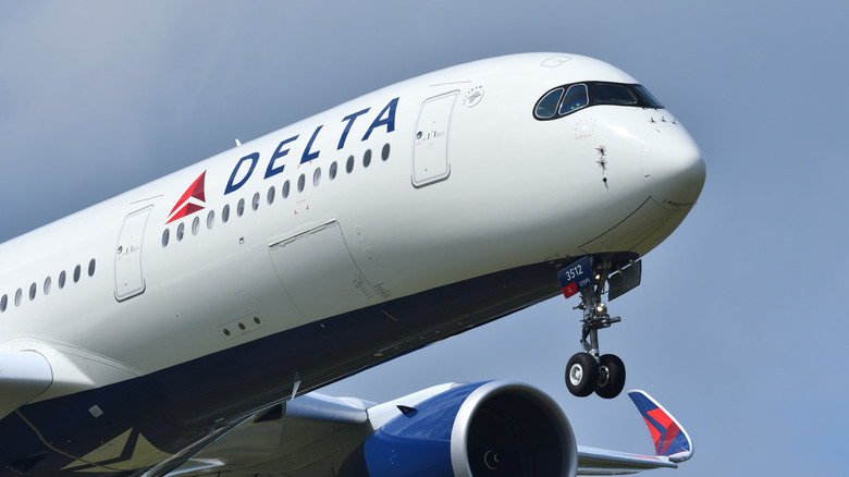 A close-up of a Delta Air Lines plane at take-off