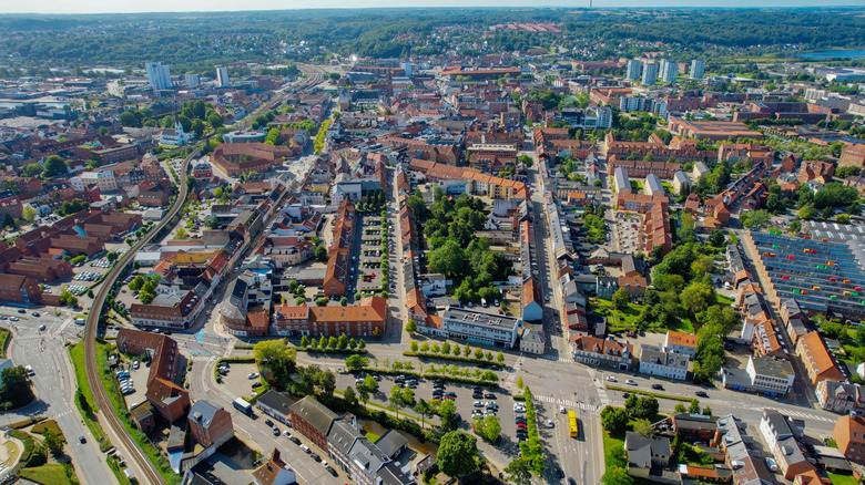 An aerial view of Vejle, the closest large city to Tange Lake
