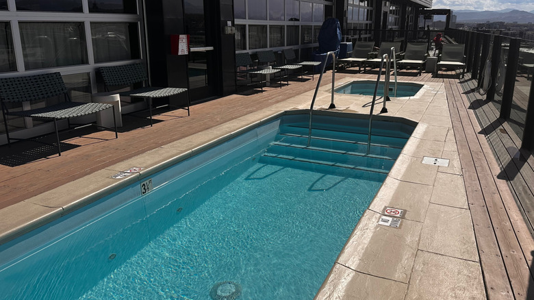 The rooftop pool and hot tub at the Source Hotel in Denver, Colorado