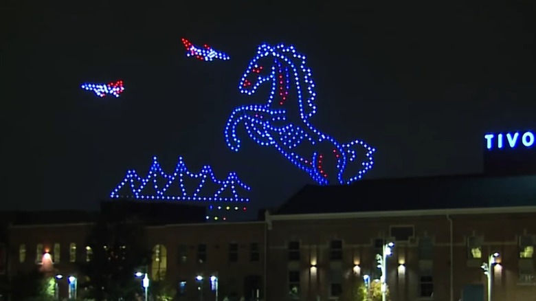 Figure of a blue horse in the sky for a holiday drone show in Denver