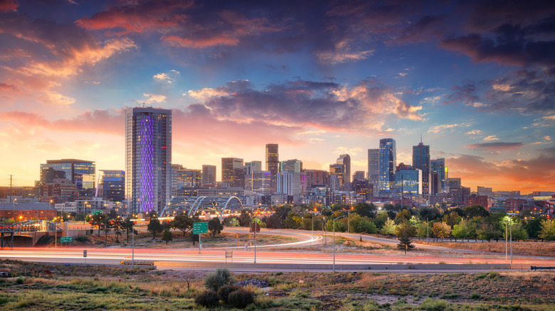 Denver, Colorado skyline at sunset