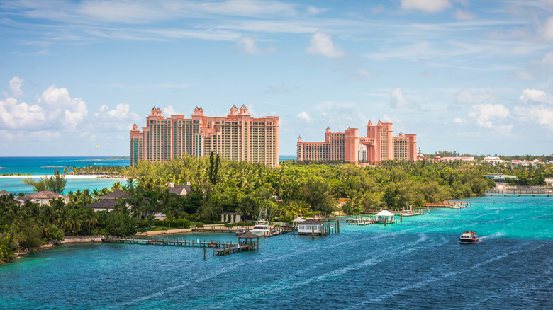 View of the coral towers at Atlantis Paradise Island in the Bahamas