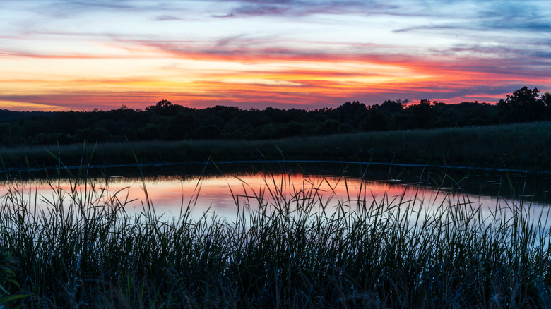 The sun setting behind a farm in Aurora, Indiana