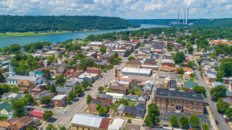 An aerial view of Madison, Indiana along the Ohio River