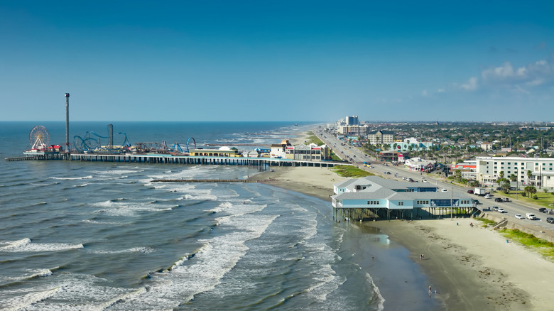 Galveston, Texas pier with the city off into the distance