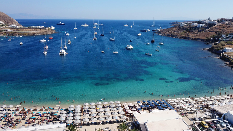 A crowded beach in Mykonos