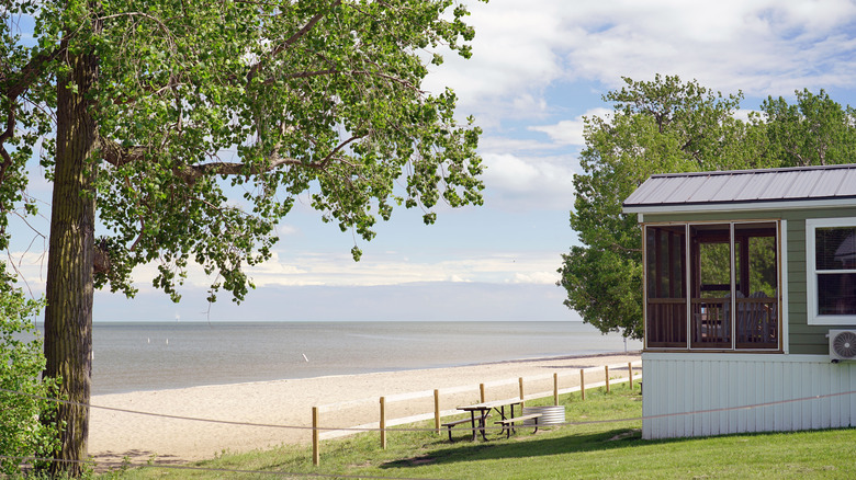 Pincic table overlooking sand at Sterling State Park Beach