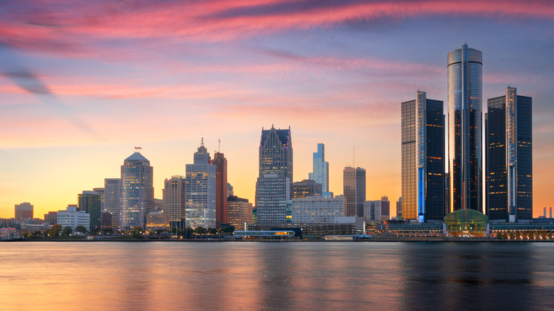 A view of the Detroit skyline at sunset.