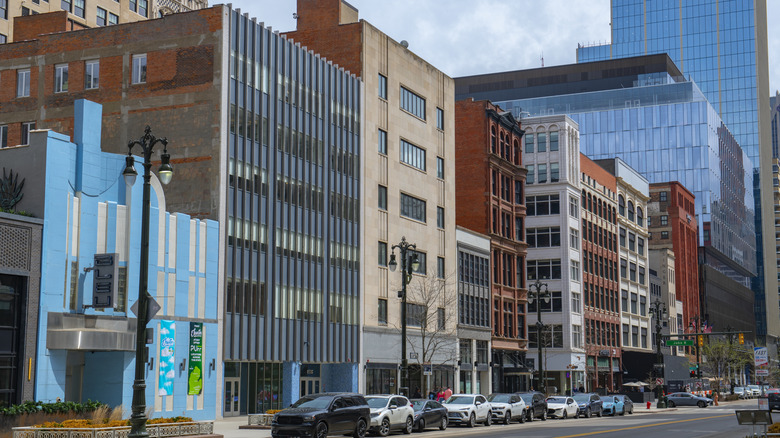 A row of commercial buildings in downtown Detroit