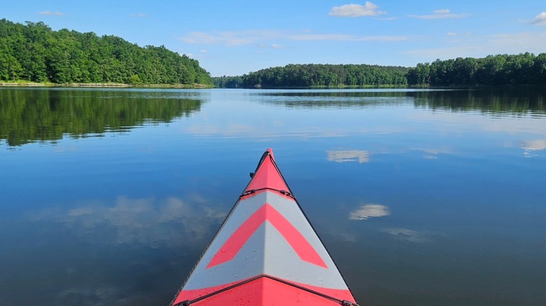 Front of a kayak in Devil's Kitchen Lake in Illinois