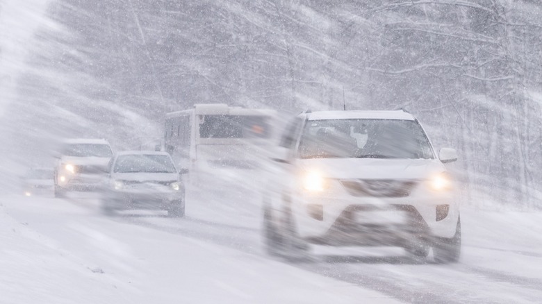 Cars driving in the snow