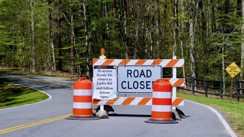 A road closed sign in the forest