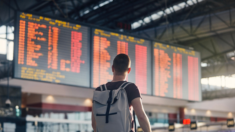 A man looking at an airport timetable