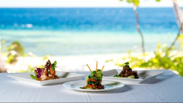 Three dishes of plated food with ocean background