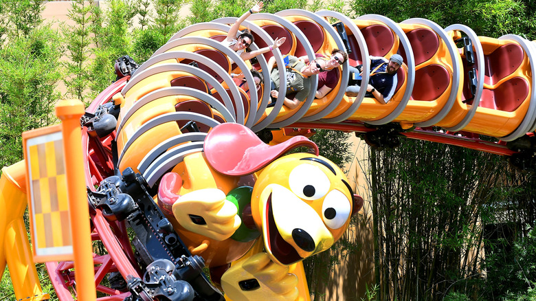 Slinky Dog Dash coaster turning a bend at Walt Disney World