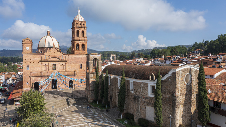 View of the church and central plaza in Tapalpa, Mexico