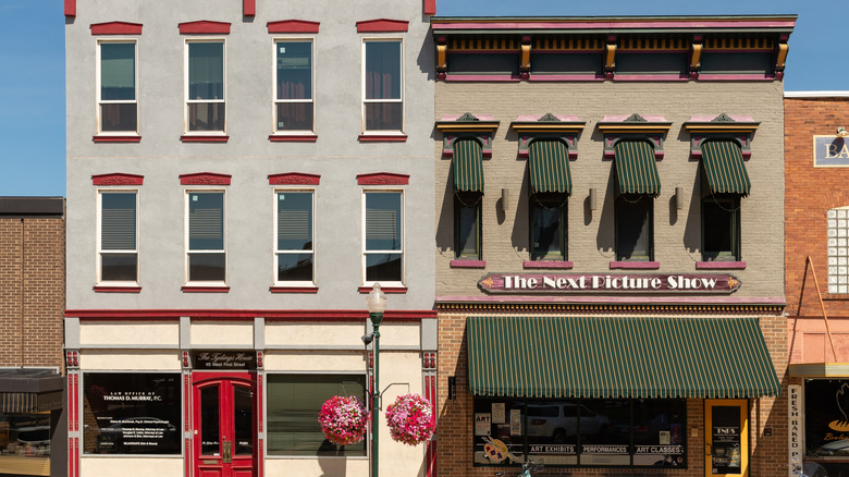 A pair of buildings with colorful trim in downtown Dixon, Illinois