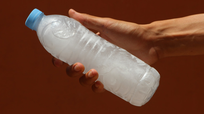 Hand holding a frozen water bottle