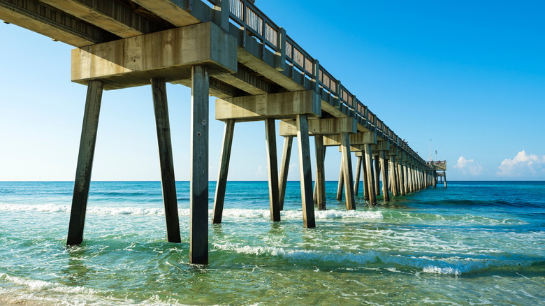 A view beneath the Russell-Fields City Pier in Panama City Beach, Florida, on a sunny day