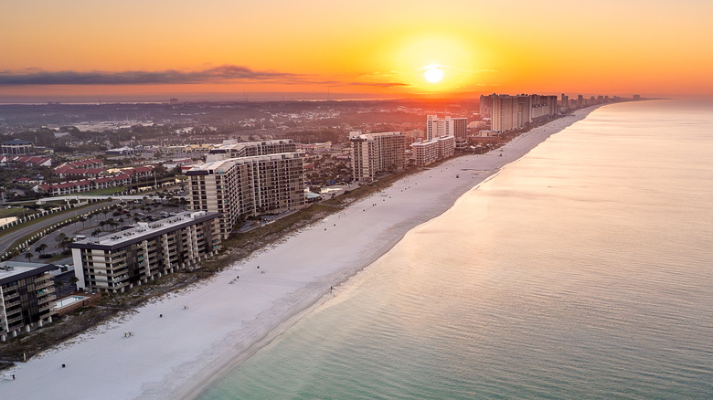 Aerial photo of the coast in Panama City Beach, Florida, at sunset