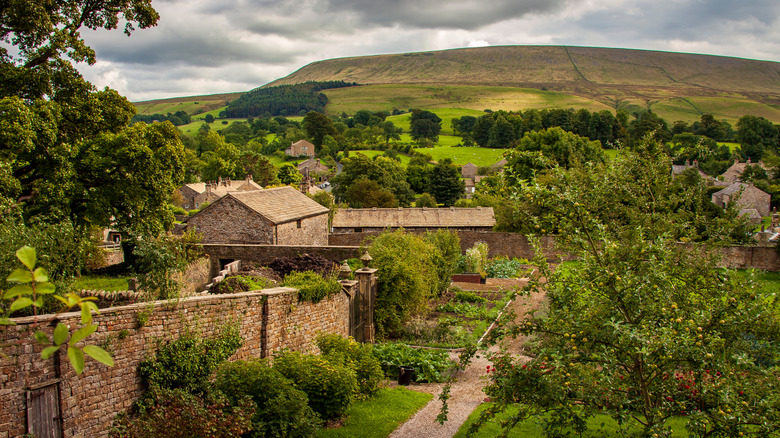 View over Downham village and Pendle Hill in England